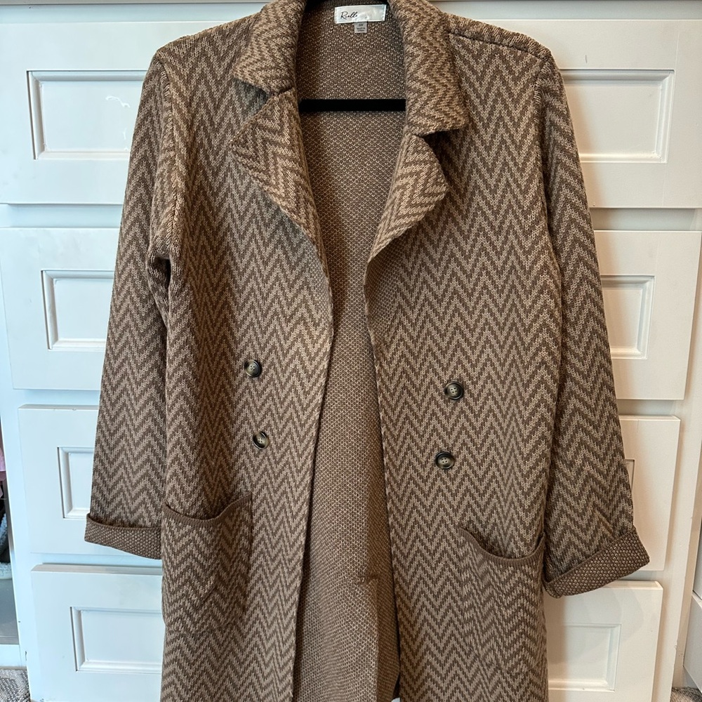 Brown Herringbone Cardigan Sweater